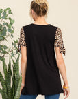 Celeste Full Size Open Tie Sleeve Leopard Color Blocked Top