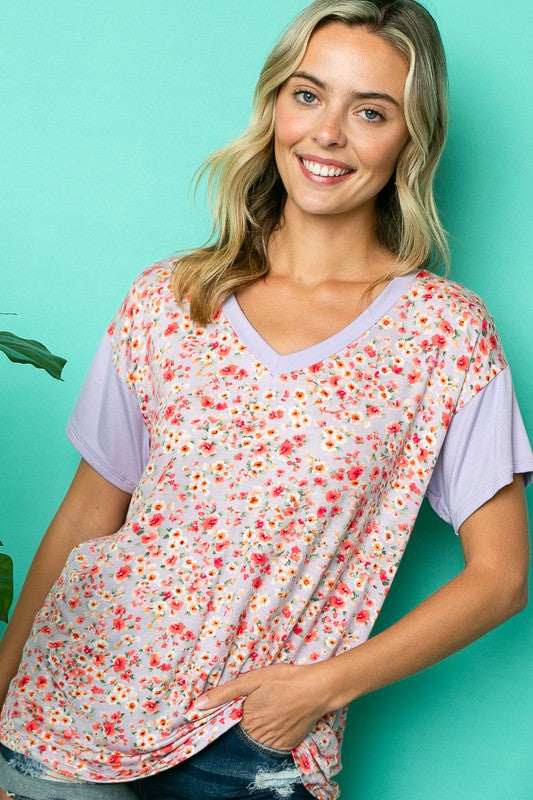 e Luna Plus Dizzy Floral Solid Mix Boxy Top