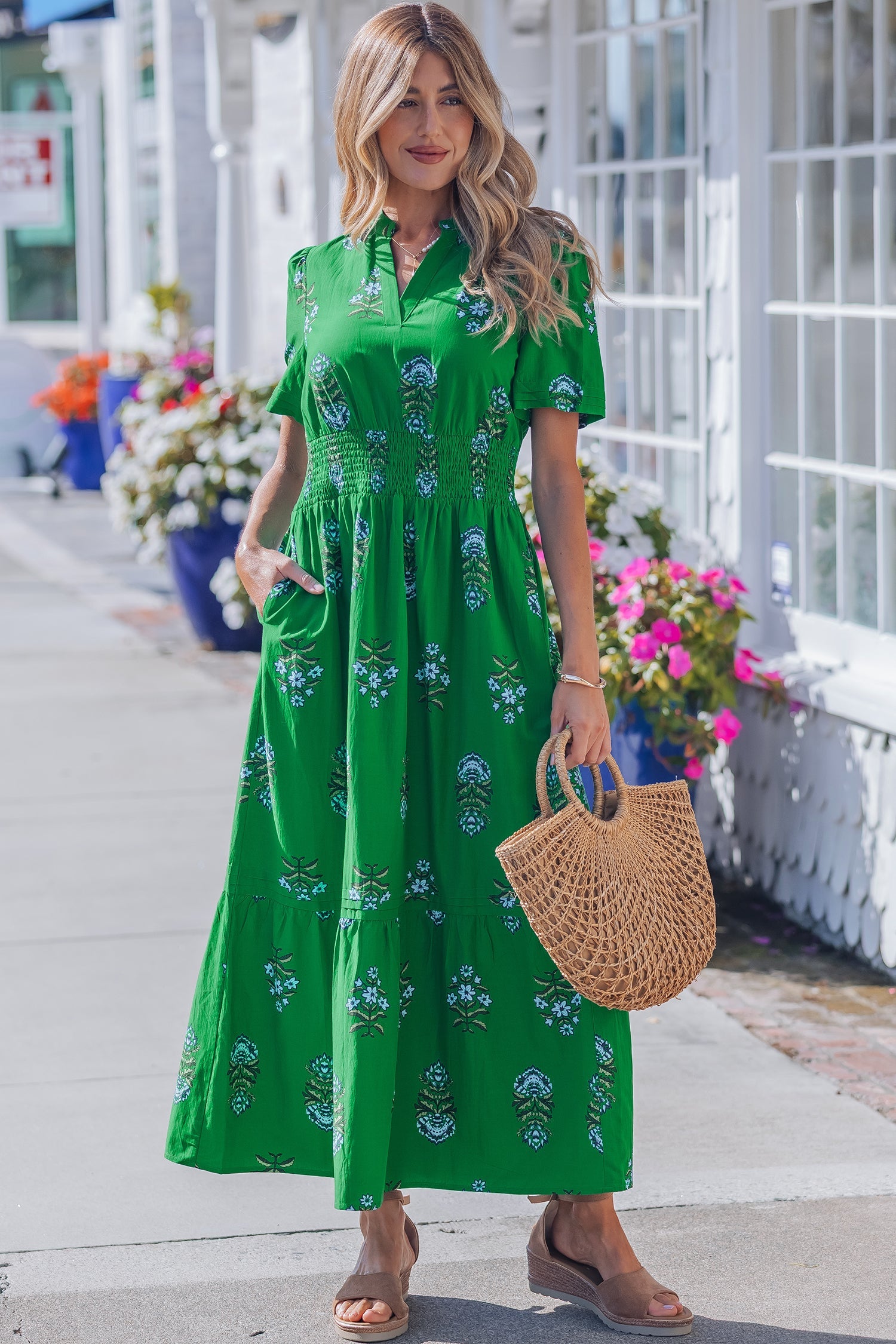 Floral Split Neck Shirred High Waist Maxi Dress