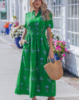 Floral Split Neck Shirred High Waist Maxi Dress