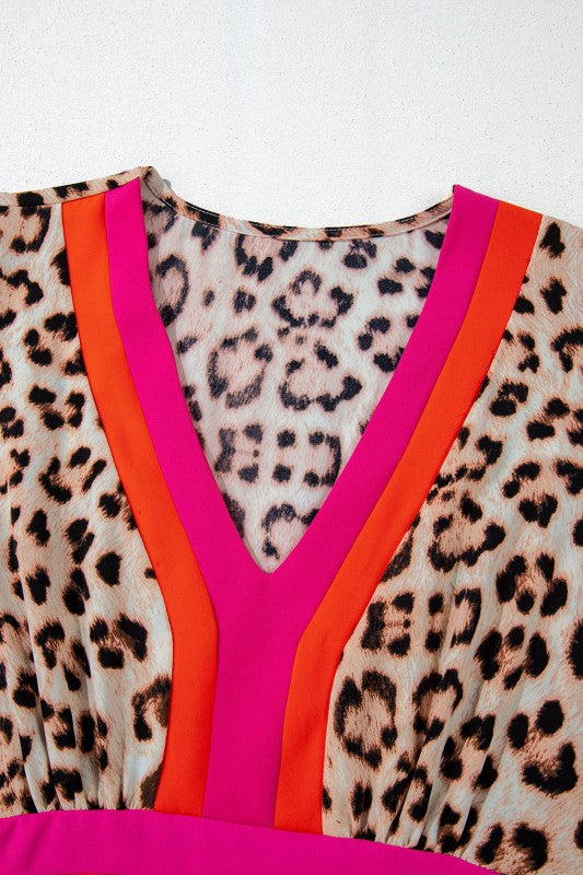 Cheetah Colorblock V-Neck Babydoll Blouse