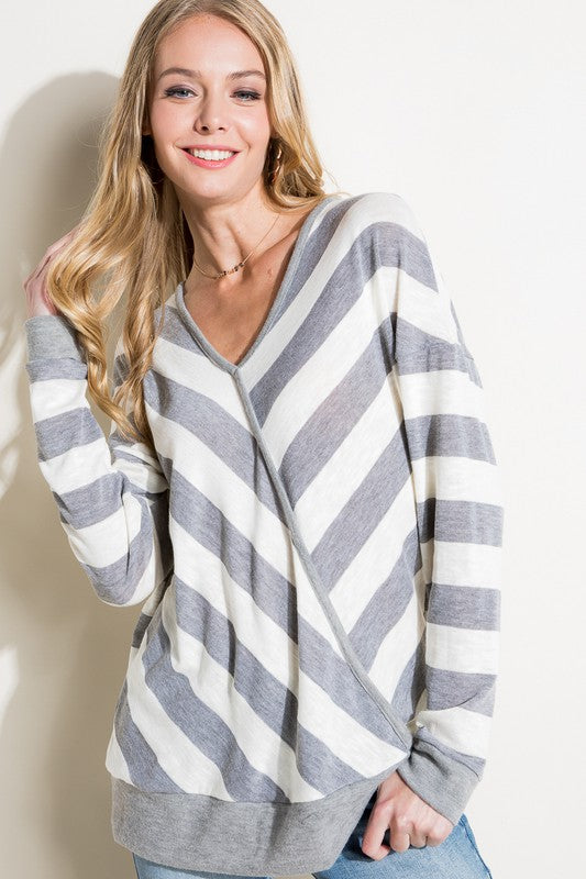 e Luna Hacci Slub Stripe V-Neck Top