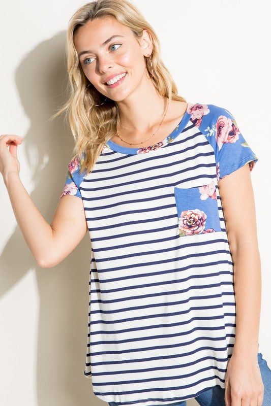 e Luna Striped Floral Mix Pocket Top