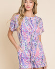 BOMBOM Print Short Sleeve Romper with Pockets