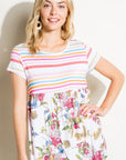 e Luna Multi Striped Floral Print Mixed Top