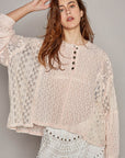 POL Round Neck Long Sleeve Raw Edge Lace Top