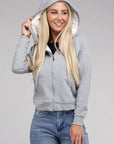 Fuzzy Trim Zip-Up Crop Hoodie