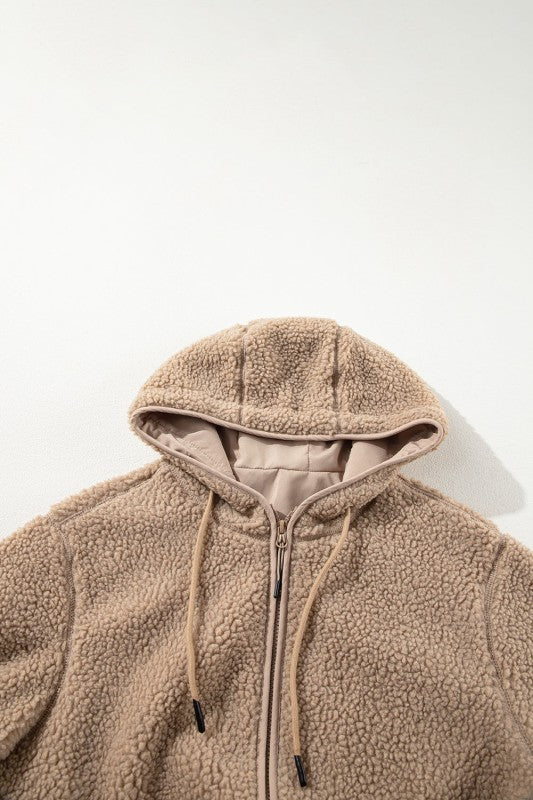 Fleece Zip-Up Drawstring Pocketed Hooded Jacket