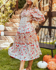 Floral V-Neck Ruffle Long Sleeve Midi Dress