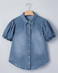 Denim Frilled Short Sleeve Snap Button Shirt