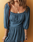 Solid Ruched Frilled Neck 3/4 Sleeve Dress