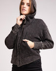 Zenana Acid Wash Cotton Waffle Hooded Zip-Up Jacket