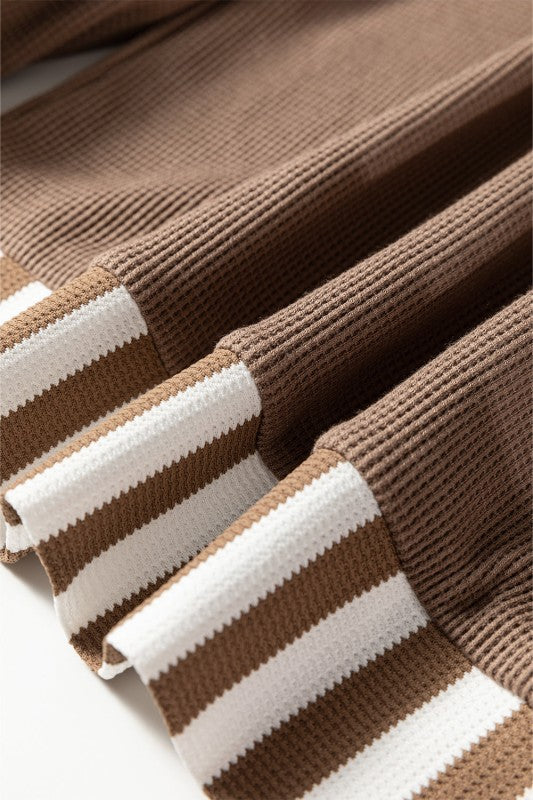 Stripe Patchwork Waffle Knit Buttoned Hoodie