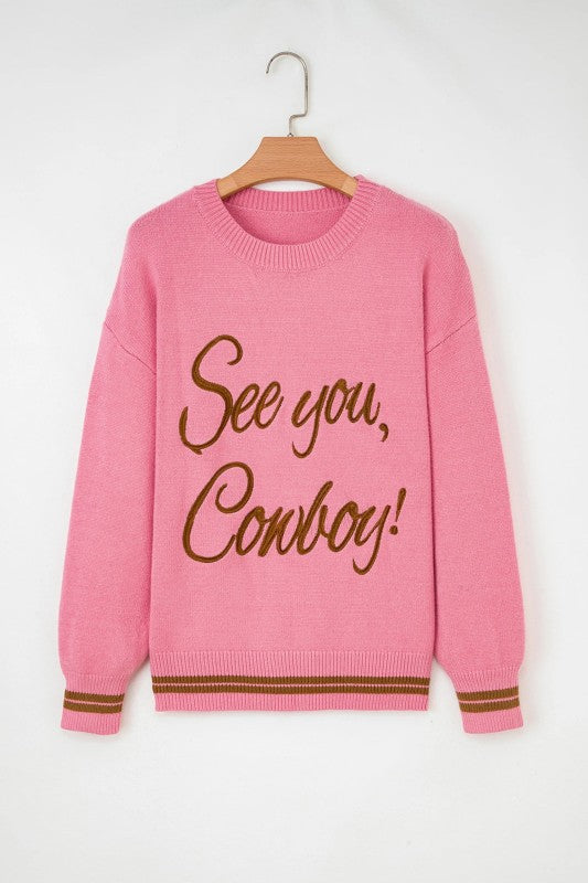 Western See You Cowboy Embroidered Cuff Sweater