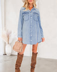 Solid Denim Chest Pocket Raw Hem Shirt Dress