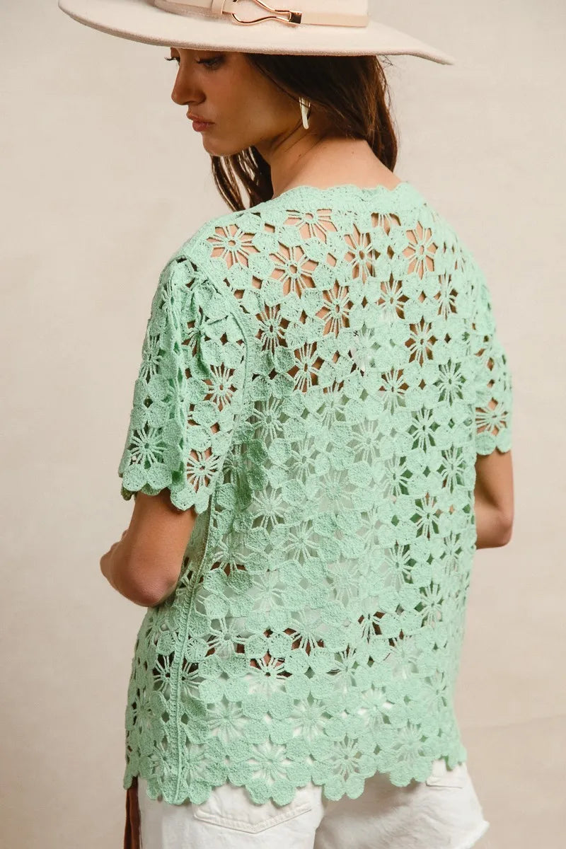 BiBi Openwork Crochet Short Sleeve Knit Top