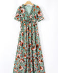 Floral Frilled V-Neck Short Sleeve Maxi Dress