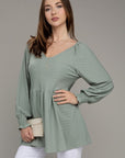 V Neck Solid Ruffle Hem Top