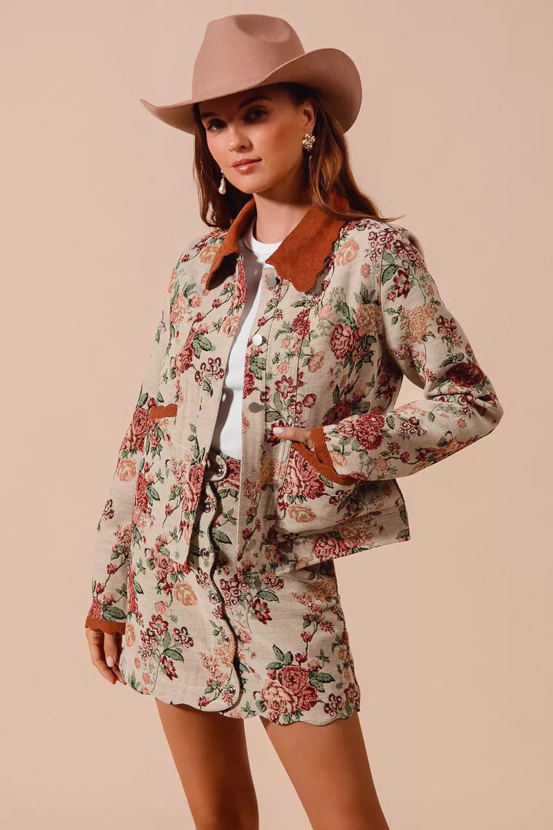 SO ME Floral Jacquard Button Front Mini Skirt with Scall