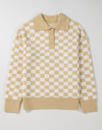 Checkered Buttons V Neck Drop Shoulder Sweater