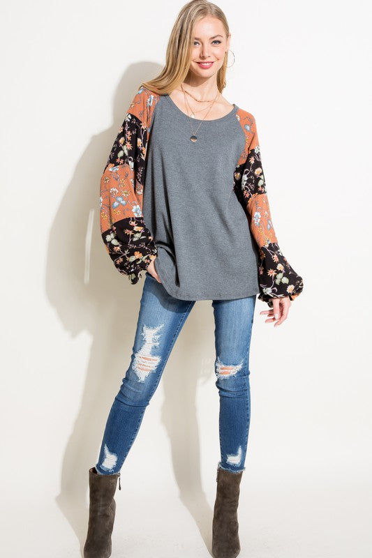 e Luna PLUS Floral Mixed Puff Sleeve Top