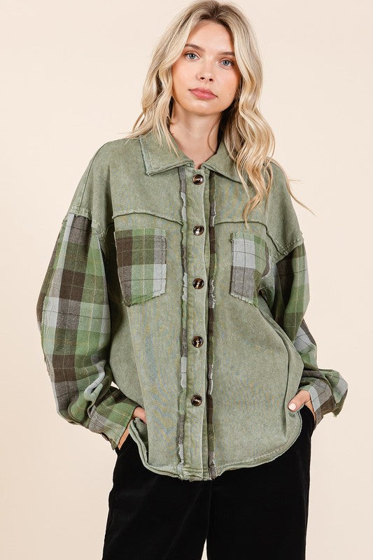 Mittoshop Button Down Contrast Plaid Patchwork Shacket