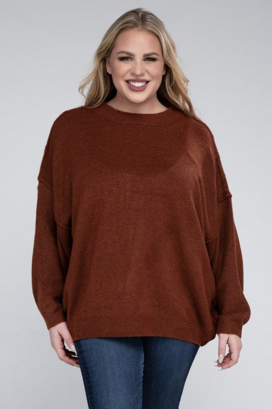 Zenana Plus Oversized Round Neck Raw Seam Melange Sweater