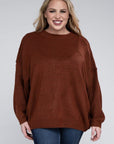 Zenana Plus Oversized Round Neck Raw Seam Melange Sweater