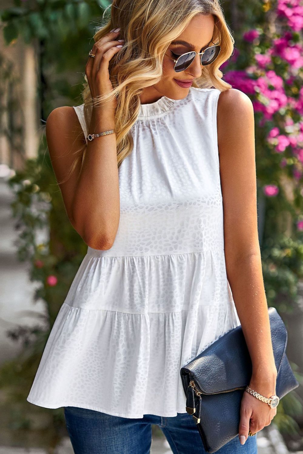Dotted Frill Trim Sleeveless Tiered Top - Online Only