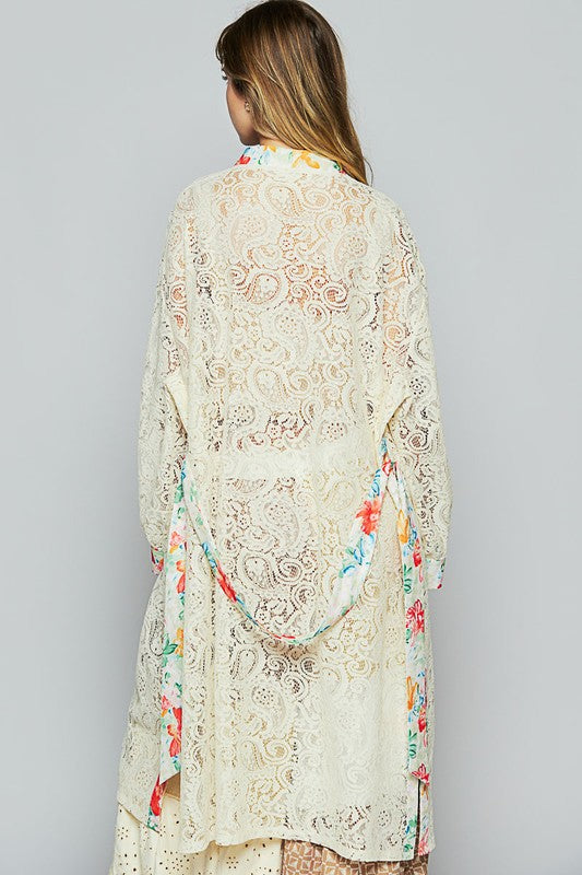 POL Floral Trim Lace Open Front Longline Cardigan