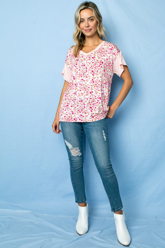 e Luna Dizzy Floral Solid Mix Boxy Top