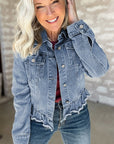 Beau Blue Ruffle Raw Hem Flap Pockets Denim Jacket