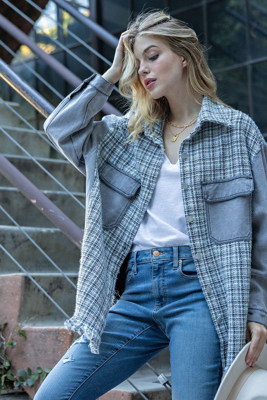 Sweet Generis Tweed Mixed Denim Shacket with Fringed Hem