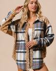 BiBi Curved Hem Sequin Plaid Button Up Shacket