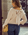 Bow Back Lantern Sleeve V-Neck Sweater