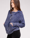 Zenana Acid Wash Cotton Waffle Hooded Zip-Up Jacket