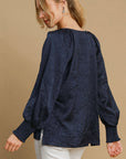 Umgee Wrinkled Round Neck Lantern Sleeve Blouse