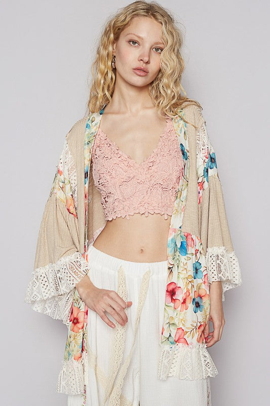 POL Floral Crochet Detail Open Front 3/4 Sleeve Cardigan