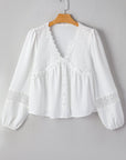 Solid Floral Guipure Lace Frilled Long Sleeve Blouse