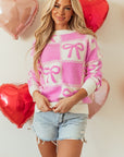 Pink Bow Knot Two Tone Checkered Crew Neck Sweater