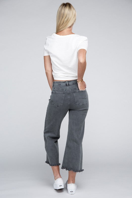 Zenana Acid Washed High Waist Frayed Hem Straight Pants