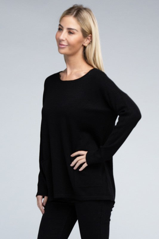 Zenana Viscose Front Pockets Sweater