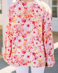 Women Pink Floral Bubble Sleeve V Neck Blouse