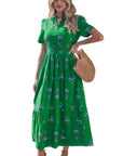 Floral Split Neck Shirred High Waist Maxi Dress