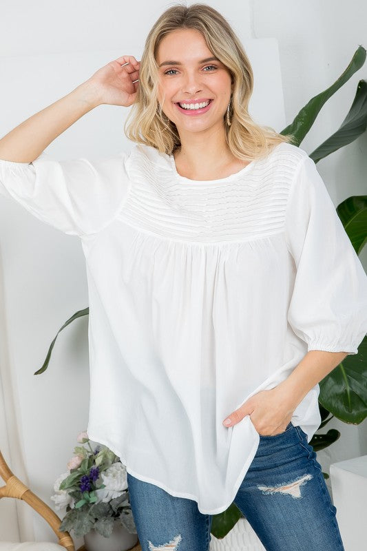 e Luna Solid Pintuck Tunic Blouse