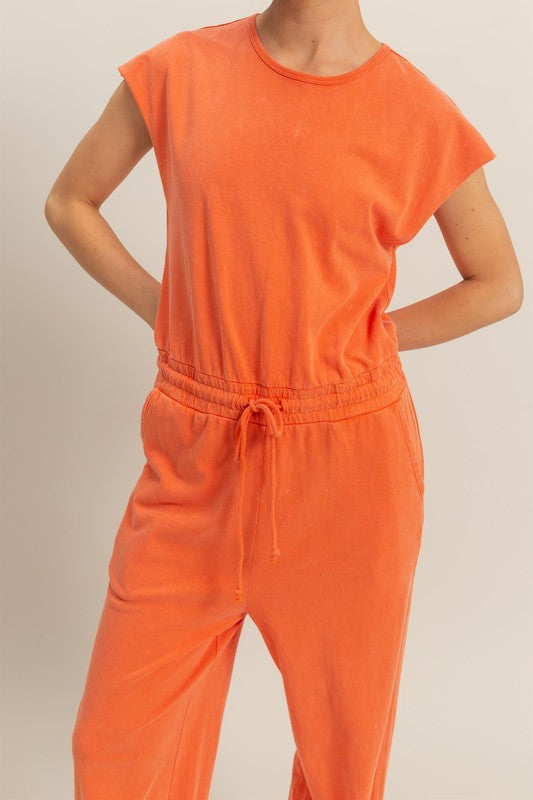 HYFVE Back Keyhole Round Neck Cap Sleeve Drawstring Jumpsuit