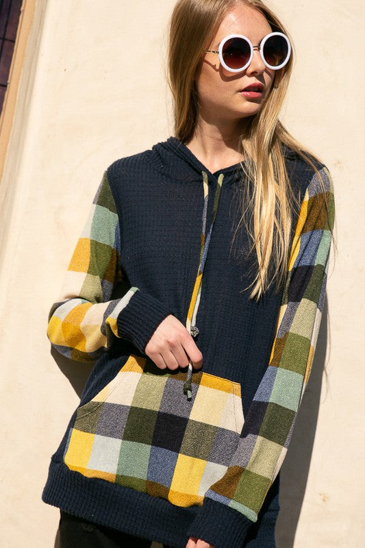 e Luna Plaid Mixed Hoodie Sweatshirt