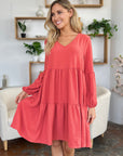 Double Take Full Size V-Neck Balloon Sleeve Tiered Dress with Pockets