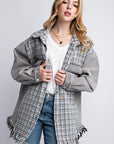 Tweed Mixed Denim Shacket with Fringed Hem