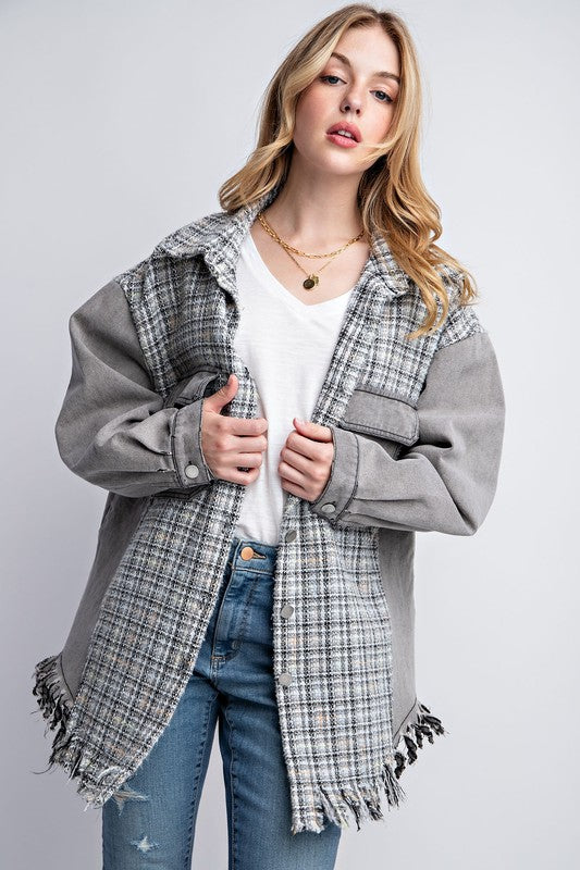 Sweet Generis Tweed Mixed Denim Shacket with Fringed Hem